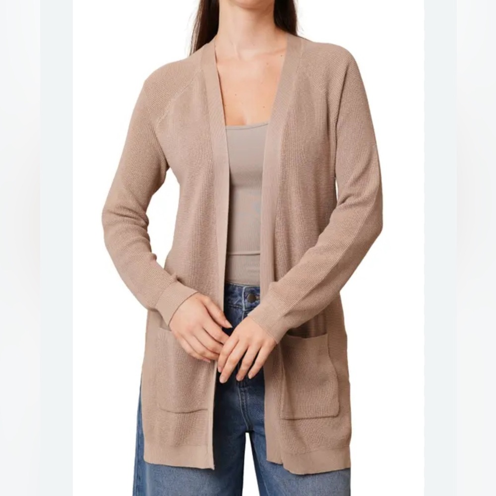 Cyrus Tan Knit Open-Front Pocket Business Casual Cardigan Office Cozy Sweater